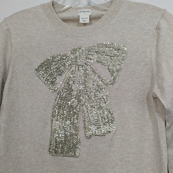 Crewcuts Beige Sweater With Gold Sequin Bow - Size XXL Girls 15-16 - Picture 3 of 6